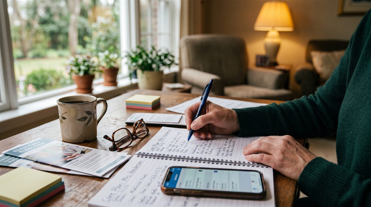 A caregiver organizing a care plan with a notebook and phone at a sunlit home desk