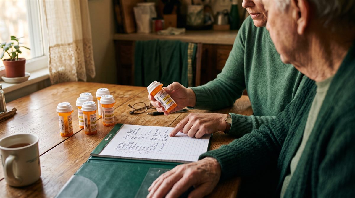 A nurse reviewing prescription pill bottles and a medication list at a kitchen table